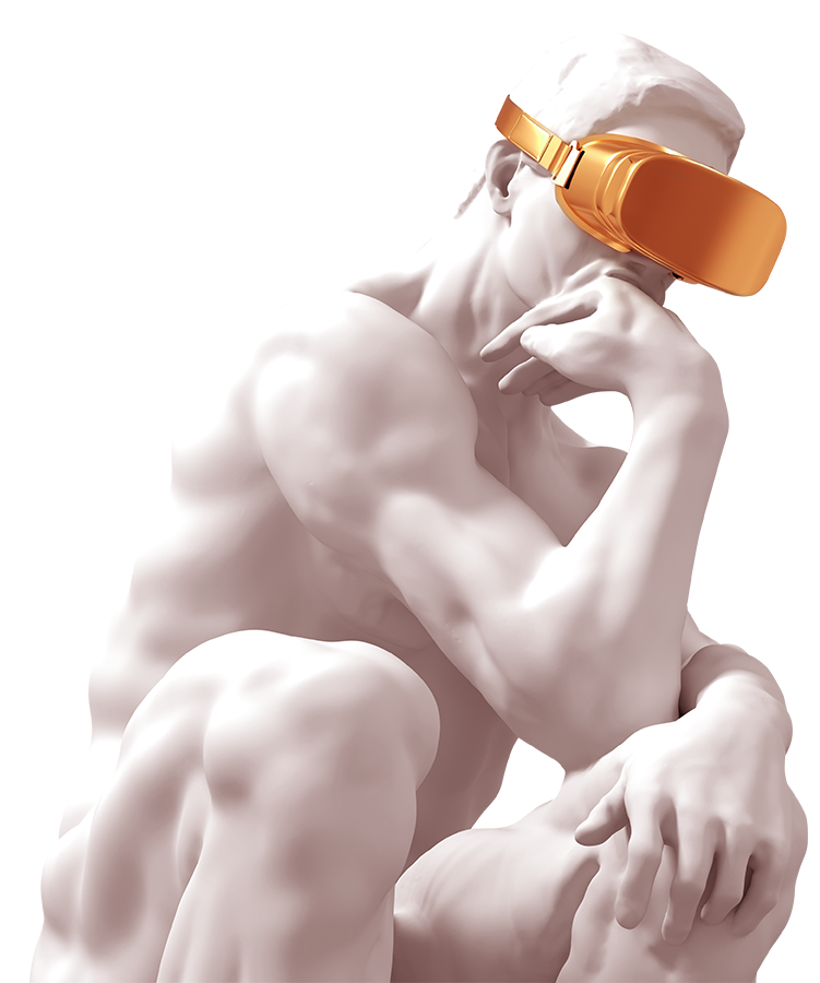 A statue of "The Thinker" wearing a pair of virtual reality googles.