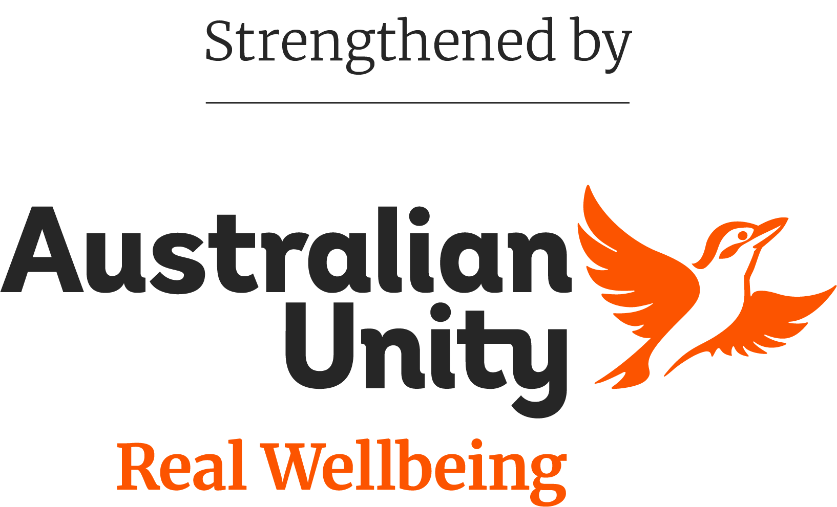 Strengthened by Australian Unity Logo with a tagline that reads Real Wellbeing