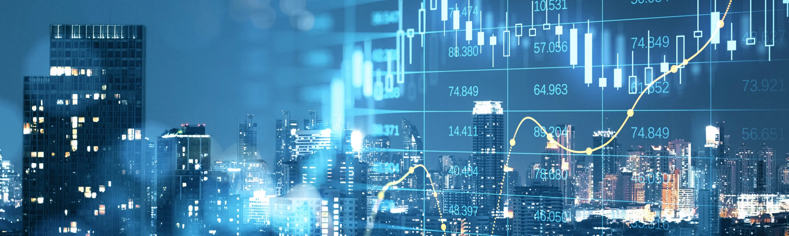 Abstract,Glowing,Big,Data,Forex,Candlestick,Chart,On,Blurry,City